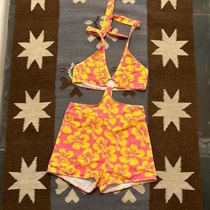 Hawaiian Print Hot Pink and Yellow Monokini